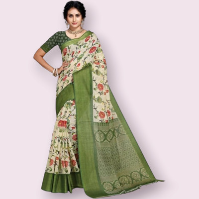 Grubstaker Printed Assam Silk Cotton Blend Saree(Multicolor)