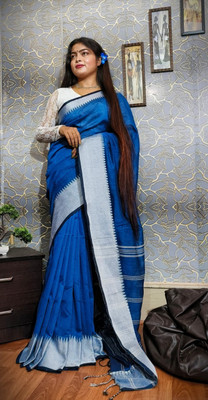 sdn Temple Border, Solid/Plain Handloom Cotton Silk Saree(Blue)