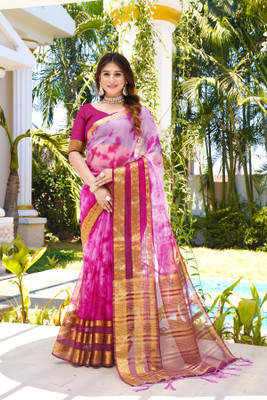Aarunika AF Tie-Dye Bollywood Organza Saree(Magenta)