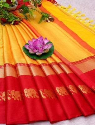 MoonTextile Temple Border Assam Silk Cotton Silk Saree(Green)