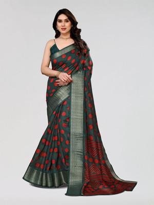 Moda Rapido Printed Bollywood Cotton Blend Saree(Green, Red)