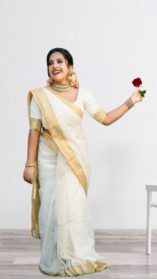 ShriSaree Striped Bollywood Pure Cotton Saree(White)