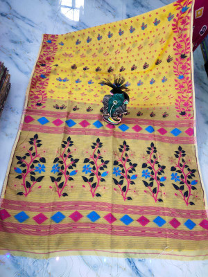 Damudar sarees Floral Print, Geometric Print, Printed Jamdani Cotton Blend Saree(Yellow)