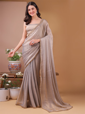 fenil creation Solid/Plain Bollywood Cotton Blend Saree(Brown)