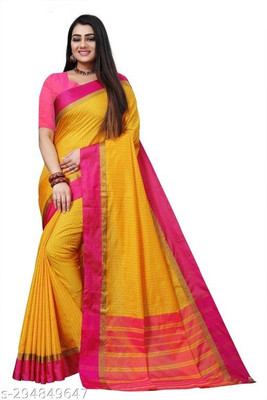 Fevinaa Checkered Kanjivaram Cotton Silk Saree(Yellow)