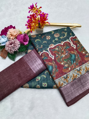 VISHNU Printed Kanjivaram Linen, Cotton Linen Saree(Dark Green)