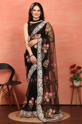 zili Embroidered Bollywood Net Saree(Black)