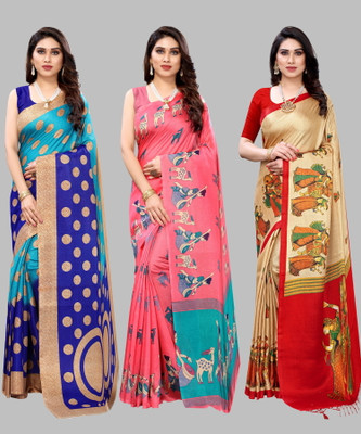 YASHIKA Printed Bollywood Art Silk Saree(Pack of 3, Blue)