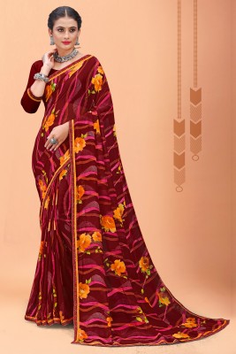 ARIYA PRINTS Printed, Striped, Checkered, Floral Print Bandhani Georgette, Chiffon Saree(Maroon)