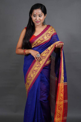 Joyguru Textile Woven Handloom Cotton Silk Saree(Blue)