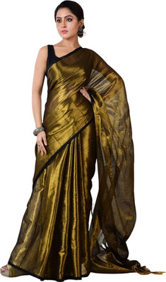 Shaw Creation Solid/Plain Handloom Handloom Tissue Saree(Gold)