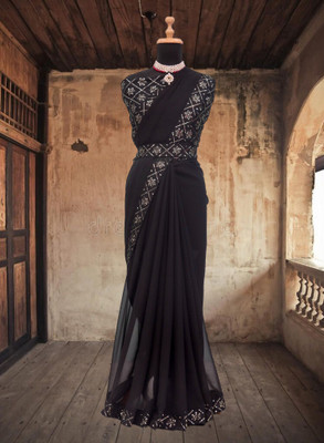Kalavrit Creation Embroidered, Solid/Plain Bollywood Georgette Saree(Black)