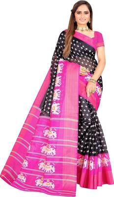 HouseOfCommon Printed Kalamkari Cotton Blend Saree(Black, Pink)