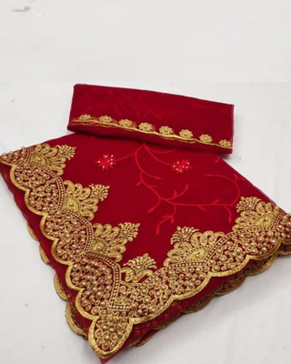 SkyFlock Embroidered, Embellished Bollywood Net Saree(Red)