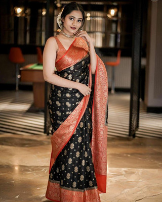 MIRMAN Woven Kanjivaram Pure Silk Saree(Black)