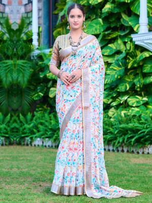 Anouk Rustic Digital Print Chinnalapattu Cotton Linen Saree(White)