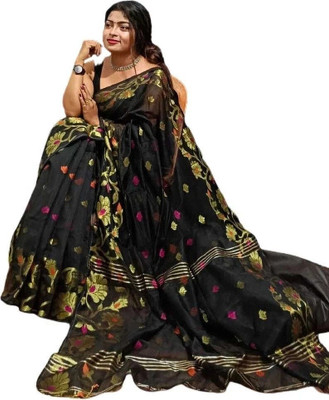 Sabita Floral Print Handloom Cotton Silk Saree(Black, Gold)
