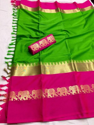 VK UNIQ Printed Banarasi Handloom Cotton Silk Saree(Green, Pink)