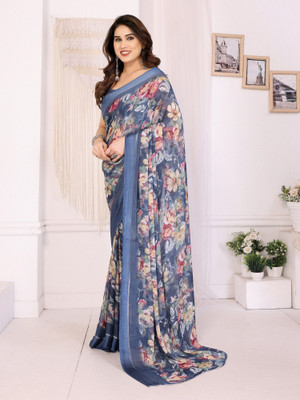 RAJESHWAR FASHION Floral Print, Printed Daily Wear Chiffon Saree(Blue)