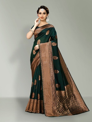 Divastri Woven Banarasi Silk Blend Saree(Dark Green)