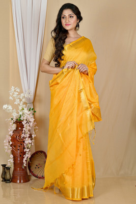PuJoy Self Design, Solid/Plain, Woven Handloom Cotton Silk Saree(Yellow)