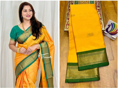 HouseOfCommon Temple Border Bollywood Cotton Silk Saree(Multicolor)