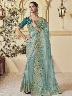 odette Embroidered Saree with Attached Blouse Georgette Saree(Pack of 2, Light Green)