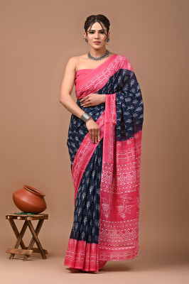 VIBEBAZAAR Printed Handloom Cotton Blend Saree(Black)