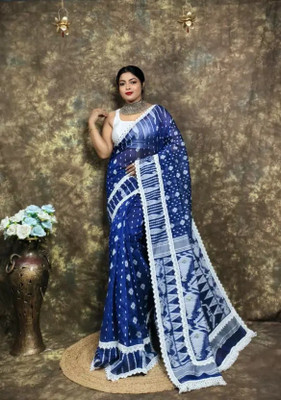FASHIONIUM Woven Jamdani Cotton Silk Saree(Blue)
