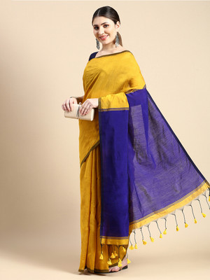 Desh Bidesh Solid/Plain Handloom Cotton Blend, Pure Cotton Saree(Yellow, Blue)