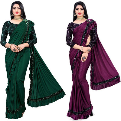 HouseOfCommon Embellished Bollywood Lycra Blend Saree(Pack of 2, Multicolor)