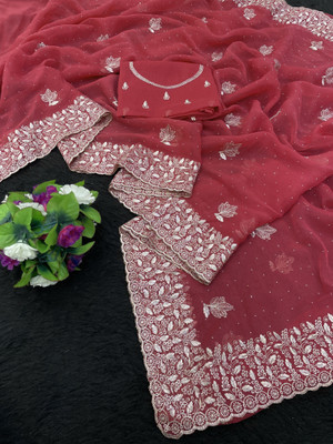 CHAMUNDA CREATION Embroidered Bollywood Organza Saree(Red)