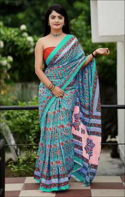 Rudra Printed Saree with Attached Blouse Cotton Blend Saree(Blue)