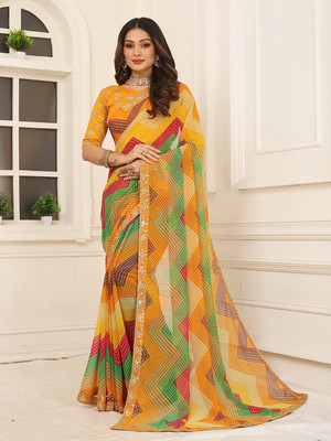 Kanooda Prints Embellished Leheria Chiffon Saree(Multicolor)