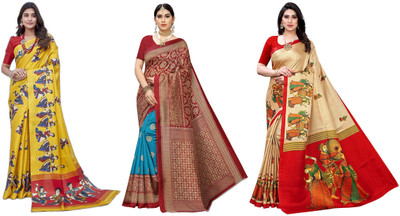 YASHIKA Printed Kasavu Art Silk Saree(Pack of 3, Yellow, Blue, Red, Beige)