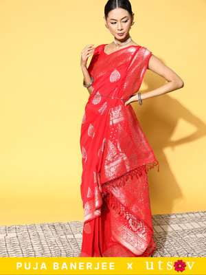 Divastri Floral Print Banarasi Cotton Silk Saree(Red)