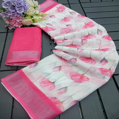 Marabout Digital Print Bollywood Cotton Linen Saree(White, Pink)