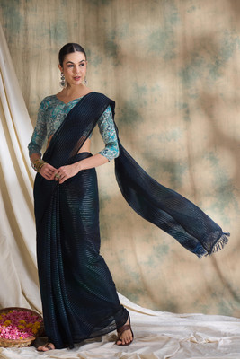 manvaa Striped Bollywood Silk Blend Saree(Dark Blue)