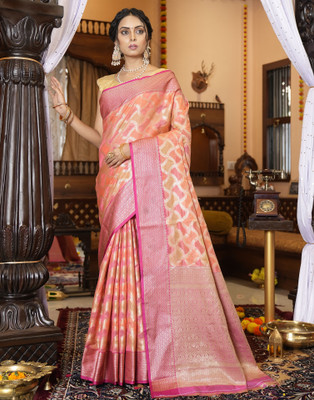Samah Woven, Embellished, Self Design Kanjivaram Cotton Silk Saree(Pink, Gold, Multicolor)
