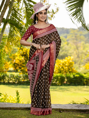 Anouk Rustic Printed Daily Wear Cotton Blend Saree(Brown)