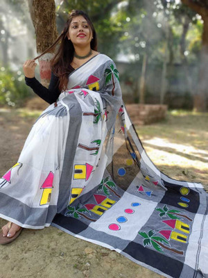 Quetzal Printed Handloom Cotton Blend Saree(White)