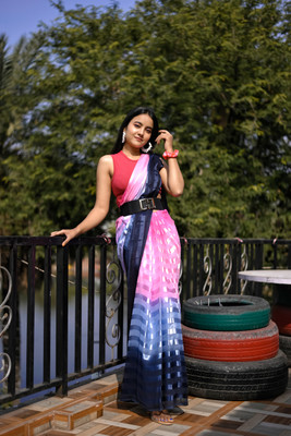 Moda Rapido Embellished, Striped Bollywood Satin Saree(Pink, Grey, Black)