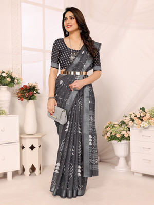 Soor Panchi Floral Print Bollywood Cotton Linen Saree(Black)