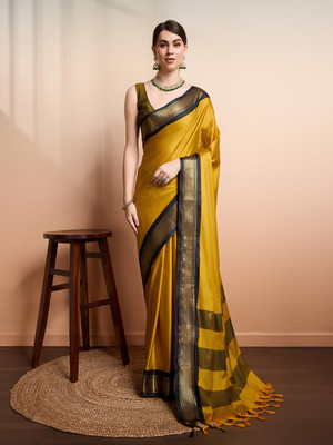 SGF11 Self Design Handloom Silk Blend Saree(Yellow, Black)