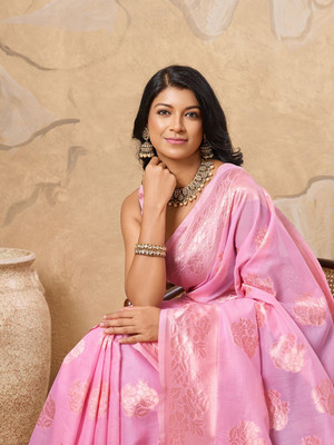 PRIMENIKS Woven Banarasi Cotton Silk Saree(Pink)