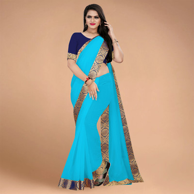 Volmina Solid/Plain, Woven Chanderi Cotton Blend Saree(Light Blue)