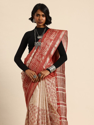 Taavi Self Design Handloom Silk Blend Saree(Cream)