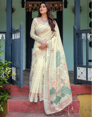 Satrani Floral Print Bollywood Linen Saree(Cream)