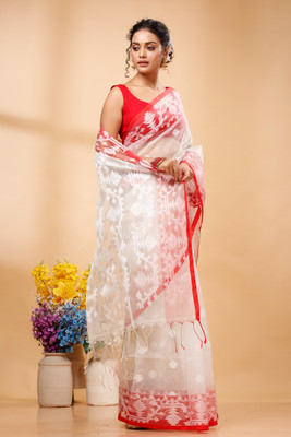 Bong ButiQ Woven Handloom Handloom Muslin Saree(White)