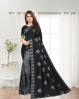 SHOBHTESH Embroidered, Self Design Madhubani Silk Blend, Net Saree(Black, Grey)